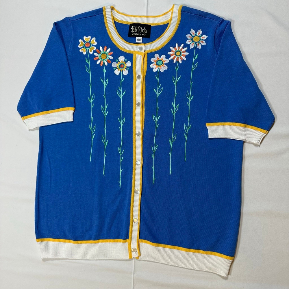 Bob Mackie | Wearable Art | Blue Floral Button Cardigan | Size L - Picture 1 of 6